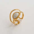 Bague ajustable en acier doré 18K avec double anneau torsadé et pierre de marbre blanc chic - Ouvert Réglable / Chaîne de Perles Torsadées Double Couche Ovale (127) / Or