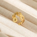 Anillo abierto ajustable de acero dorado con textura geométrica tejida de estilo retro - Abierto Ajustable / Estilo de Textura Geométrica Tejida (14) / Dorado