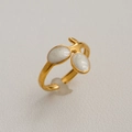 Bague ouverte tournesol en acier inoxydable doré avec incrustations de nacre blanche - Ouvert Réglable / Style de Fourche de Plante Double Ovale (130) / Or