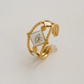 Bague ajustable en acier doré avec œil protecteur en émail blanc et petit diamant - Ouvert Réglable / Losange de Mauvais Œil Perlé (166) / Or