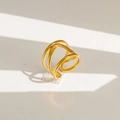 Détails de la bague multicouche dorée avec un design moderne de perles et de fleurs ondulées - Style Enveloppé de Triple Vague (18) / Or