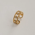 Bague ouverte fleur dorée réglable avec motif soleil et bordure perlée en acier - Ouvert Réglable / Tournesol Creux Bohème (170) / Or