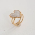 Bague dorée ajustable avec incrustation de cœur blanc et anneau double élégant - Style Double Couche Cœur Bord Dentelé (223) / Or