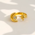 Anillo abierto de acero inoxidable bañado en oro de 18K con diseño de estrella, luna y cristal - Estilo Strass Único Incrustado Estrella Luna 3D Clásico Lujo Ligero (414)