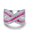 Detailed close-up of a silver ring featuring pink stones and micro-pave white zircon - US 5 / White Gold With Magenta Stone