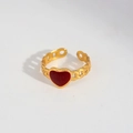Anillo de cadena dorado ajustable con un corazón rojo esmaltado de estilo vintage - Estilo Esmalte Burdeos Corazón Rojo Banda Cadena Réplica Vintage (436)