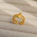 Anillo ajustable de acero inoxidable dorado de doble capa con detalle de corazón pulido - Abierto Ajustable / Estilo de doble capa hueca de corazón (105) / Dorado