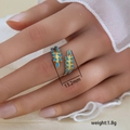 Anillo de hoja en acero inoxidable chapado en oro 18K con esmalte azul, ajustable - Estilo Abierto de Espiga de Trigo de Esmalte Azul