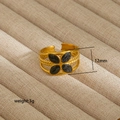 Adjustable golden clover ring with grey frosted inlays and braided band texture - Four Leaf Clover Style (265)