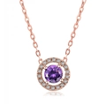 Macro detail of round purple zircon pendant with rose gold plating and crystal halo - Rose Gold & Purple Stone