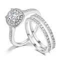 Klassieke witgouden bruidsset met ronde halo verlovingsring en bijpassende zirkonia ring - 4 / 3-Delige Set Witte Steen / Platina