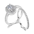 Oval cut zircon halo engagement ring set with micro-paved silver wedding bands - 4 / Two-Piece Set / Platinum