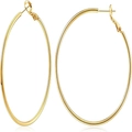 Macro detail of large gold hoop earrings with polished surface and secure latch back closure - 5cm Diameter / Gold