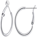 Close-up of polished silver hoop earrings with clasp closure on a white background - 2cm Diameter / Silver