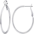 Detailed view of polished S925 silver hoop earrings with secure click-top closure - 3cm Diameter / Silver