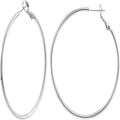 Macro detail of large polished silver hoop earrings showing secure hinge and closure - 5cm Diameter / Silver