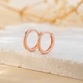 Detailed close-up of rose gold huggie hoop earrings on a textured stone display - Inner Diameter 10mm / Rose Gold
