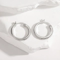 S925 sterling silver hoop earrings with white zircon stones on white stone block - Zirconia Style (Silver Earring Post) / 15mm (1 Pair) / Silver