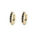 Close-up of golden huggie hoop earrings featuring vertical rows of round black zircons - Gold Black Zirconia