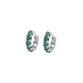 Detail of silver huggie hoop earrings with green zircon stones in a prong setting - Silver Green Zircon