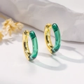 Chic C-shaped gold-plated metal earrings with translucent emerald resin inlay for women - Green