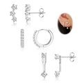 Three-piece S925 sterling silver ear stud set with sparkling cubic zirconia on white background - Silver Jewelry Set