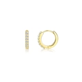 Detailed close-up of gold huggie earrings featuring a row of seven clear pavé zircon stones - Gold Zirconia Earrings