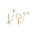 Detail of 14K gold plated sterling silver drop earring with sun pendant and zircon - Gold Sunburst Pendant Stud Hoop