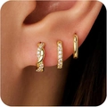 Three-piece set of gold plated S925 silver hoop earrings with cubic zirconia stones - Twist Row Drill Plain Combination / Gold (925 Sterling Silver Earring Post)
