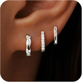 Close-up of three stacked silver earrings featuring cubic zirconia pavé and twisted designs - Twist Row Drill Plain Combination / Silver (925 Sterling Silver Earring Post)