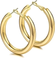 Close-up of chunky gold hoop earrings with highly polished finish and secure clasp - 6cm / Gold
