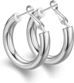 Close-up of chunky silver hoop earrings with polished finish and lever back clasp - 3cm / Silver