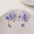 Handmade blue and white beaded tassel earrings with blue teardrop glass pendant - Blue