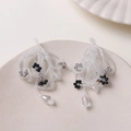 Handmade beaded long fringe earrings with black floral accents and crystal teardrop - Black and Gray