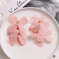 Detailed view of handmade pink organza layered puff flower earrings on white tray - Pink