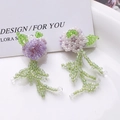 Handmade beaded wisteria flower earrings with purple clusters and green leaf tassels - Wisteria Flower Style (Purple Flower) / Purple