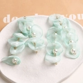 Handmade mint green tulle petal earrings with white pearls and gold metal fringe charms - Light Green