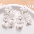Handmade white organza petal drop earrings with pearls and gold chain - White