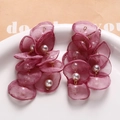 Detail of light purple organza petal earrings with tassels and white pearls - Fuschia