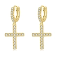 Golden cross drop earrings with cubic zirconia inlay on small hoop rings - Gold Pair