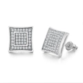 Detail of silver square pave earrings with full cubic zirconia and screw-back posts - Silver Double Square (OHE044-1)