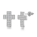 Macro shot of silver hip hop cross stud earrings with full zircon and screw back - Silver Cross Style (OHE103-2)