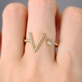 Adjustable golden letter V ring with round zircon accent and beaded texture for women - Letter A / 14K Gold