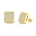 Macro detail of gold plated square hip hop stud earrings with micro pave zircon stones - Gold Pave Square (OHE047-2)