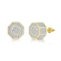 Macro view of gold octagon stud earrings with pavé zircons and secure screw-back design - Bi-color Octagon Style (OHE100-1)
