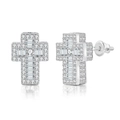 Detailed macro view of silver hip hop cross earrings with mixed cut cubic zirconia stones - Silver Luxury Cross (OHE129-1)