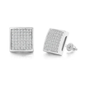 Macro detail of square micro-pave zircon stud earrings with secure screw-back closure - Silver Pave Square (OHE047-1)