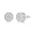 Close-up of octagonal iced-out screw back earrings with micro-pave cubic zirconia - Silver Octagon Style (OHE100-2)