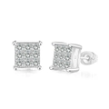 Detail view of square zirconia stud earrings with a 4-claw pave setting and butterfly backs - 6mm / Silver