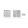 Men's hip hop square pave cubic zirconia stud earrings with secure screw back design - Silver Cube Square (OHE109-1)
